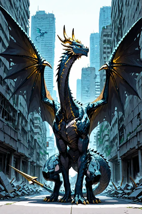 masterpiece, best quality, amazing quality, very aesthetic, high resolution, newest, hyper-detailed, (close up),solo, 1 Dragon, detailed dragon,dark Blue scales, long neck, golden horns, large wings, a harpoon on his tail, stand on with imponent pose, a mo...