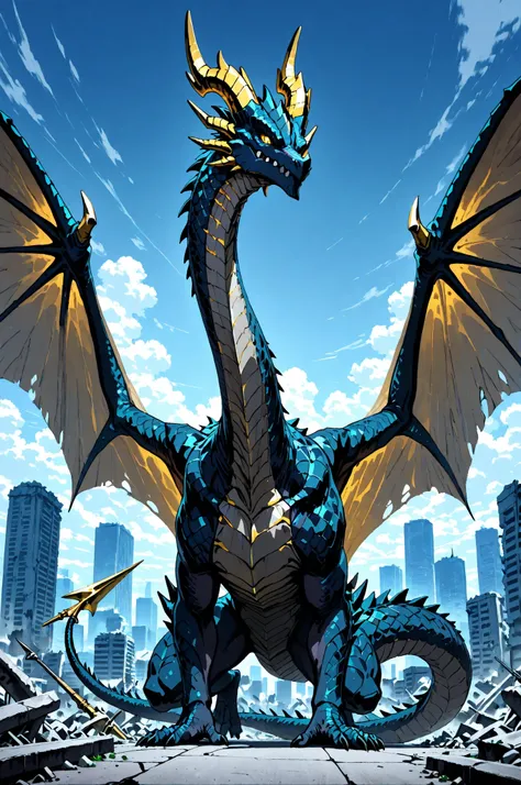 masterpiece, best quality, amazing quality, very aesthetic, high resolution, newest, hyper-detailed, (close up),solo, 1 Dragon, detailed dragon,dark Blue scales, long neck, golden horns, large wings, a harpoon on his tail, stand on with imponent pose, a mo...