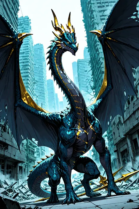 masterpiece, best quality, amazing quality, very aesthetic, high resolution, newest, hyper-detailed, (close up),solo, 1 Dragon, detailed dragon,dark Blue scales, long neck, golden horns, large wings, a harpoon on his tail, stand on with imponent pose, a mo...