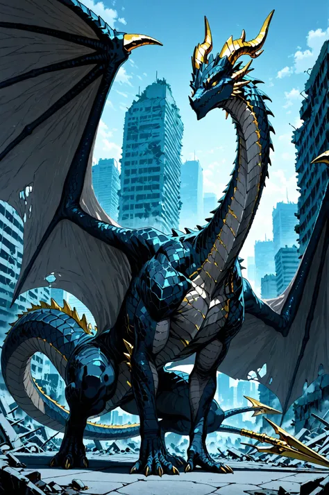 masterpiece, best quality, amazing quality, very aesthetic, high resolution, newest, hyper-detailed, (close up),solo, 1 Dragon, detailed dragon,dark Blue scales, long neck, golden horns, large wings, a harpoon on his tail, stand on with imponent pose, a mo...
