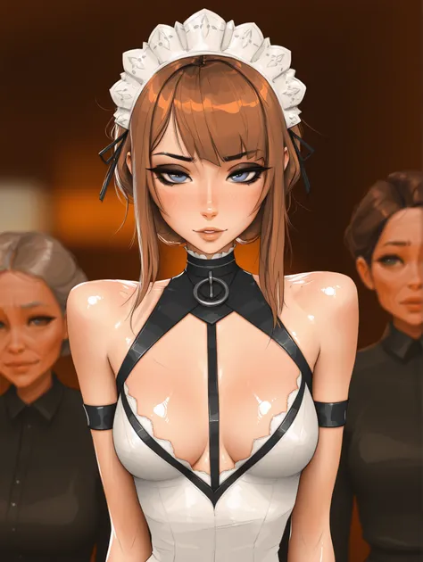 Michelle Trachtenberg, 20 year old woman,  1girl, skinny, short brown hair, gray blue eyes, black eyeliner,   seductive, Maid Mechanic, , sam yang, shirow masamune art style, masterpiece, best quality, very aesthetic, movie quality, depth of field, soft sa...