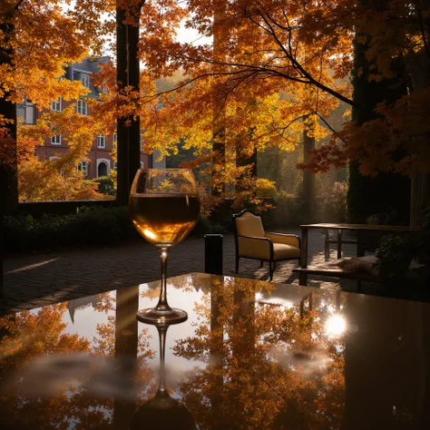 double exposure, and the silhouette of the wine glass is reflected on the dining table, Outside you can see the restaurant shining faintly, The inside has colorful autumn leaves swaying in the wind, Contrast between elegant silence and lively movement, hig...
