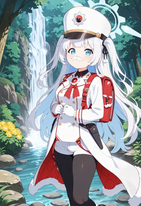 masterpiece, best quality, solo, curvy, beautiful eyes, narrow waist, wide hips, 1girl, solo, smile, looking at viewer,  zzCherino, blue eyes, white hair, long hair, two side up, halo, aged up, large breasts,   ribbon, shako cap, fake mustache white coat, ...