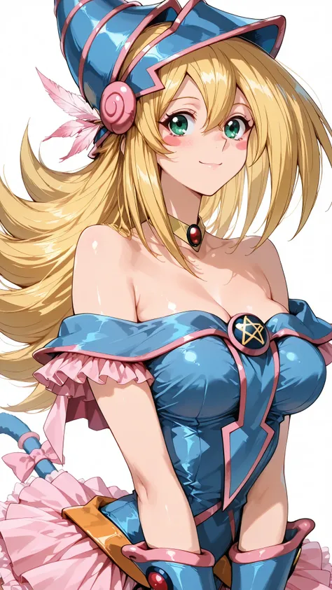 solo, dark magician girl, blonde hair, choker, green eyes, long hair, blush, blush stickers, breasts, mature female, anime screencap, Tight waist、Small waist、shiny Skin , (upper body), sexy, score_9, score_8_up, score_7_up, source_anime,(extremely detailed...