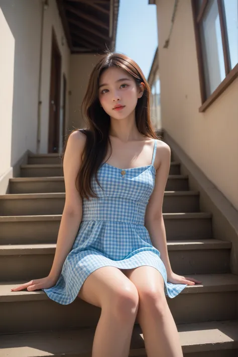Highly detailed, Amazing work, Lighting: Low, honeyed sunlight streaming in from a 45° angle, catching the sheen of the satin so it glows in gradients — The scene depicts a young korean woman seated on a set of light-colored stairs, suggesting a casual yet...