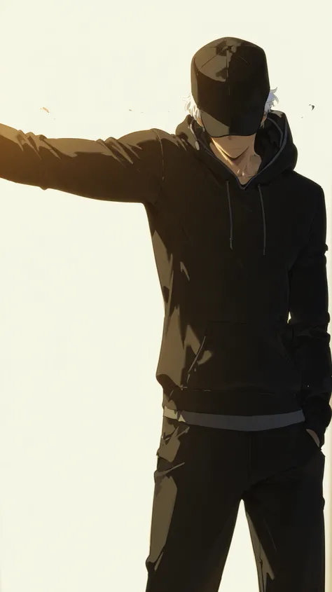  athletic body, toned body, alone, male, white hair under a black bob hat, black bob hat, bob hat,  no visible eyes (shadow over his eyes), black hoodie with a high collar , black pants , intricate sketch, 2d, solo leveling art style, white background, sim...