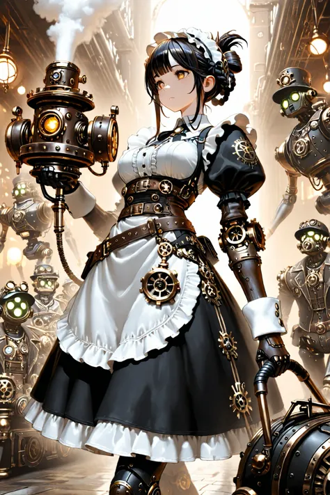 ((Masterpiece)Top quality, steampunknoireai )1 robot and 1 girl. People are small, robots are big.
gear accent,steampunk. huge steam punk robot.
young girl(Braided updo.maid clothes.leather belt,Goggle. Holding a big impact driver.)