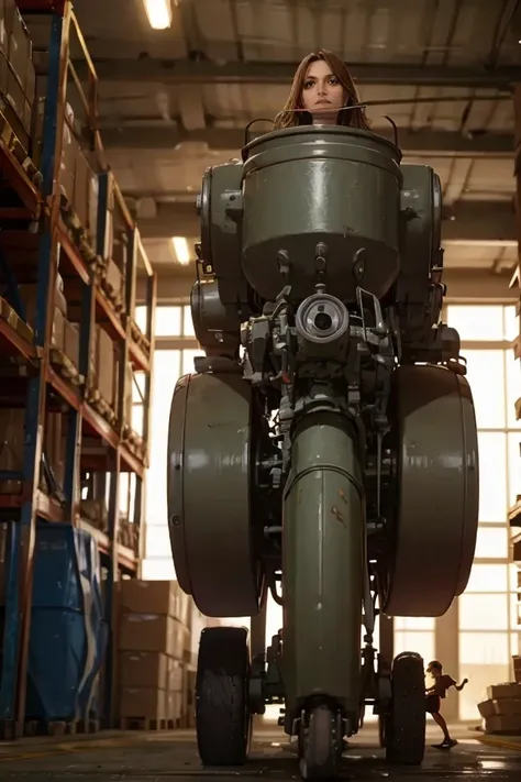 a maid in uniform repairing massive mechs with a wrench and motor oil, detailed facial features, serious expression, mechanical work, oil stains, grease, industrial warehouse setting, technical equipment, machinery, glowing lights, photorealistic, 8K, stud...