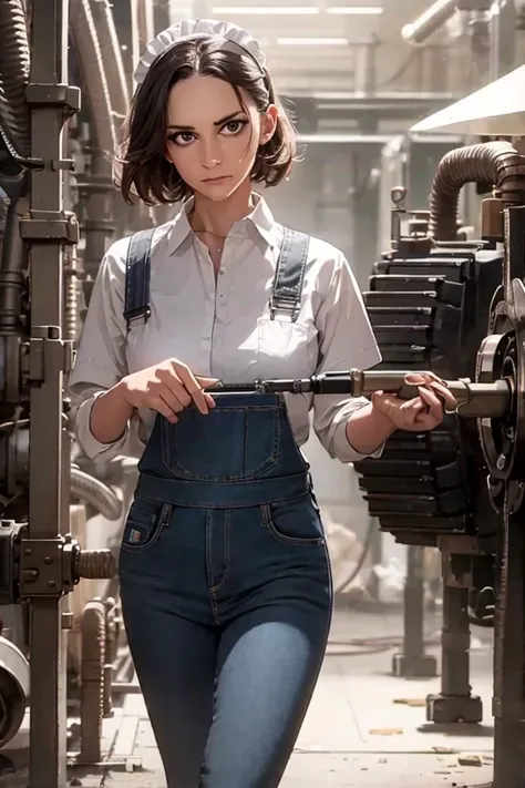 a maid in uniform repairing massive mechs with a wrench and motor oil, detailed facial features, focused expression, oil-stained overalls, tools scattered around, gears and machinery in the background, industrial workshop setting, dramatic lighting, cinema...