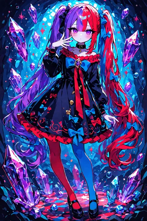 (MULTICOLORED HAIR, TWO-TONE HAIR,SPLIT-COLOR HAIR,xxx667_illu,) The girl is a magician. She has pale skin and a petite, flat-chested build. She has big purple eyes with long eyelashes. She has two-tone red-and-blue color hair tied in two twintails. She ...