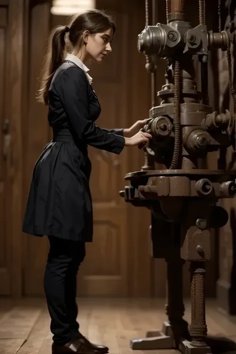 maid mechanic, female maid in uniform repairing massive mech robot with wrench and motor oil, detailed facial features, focused expression, oily hands, standing posture, photorealistic, high quality, 8K, studio lighting, physically-based rendering, extreme...