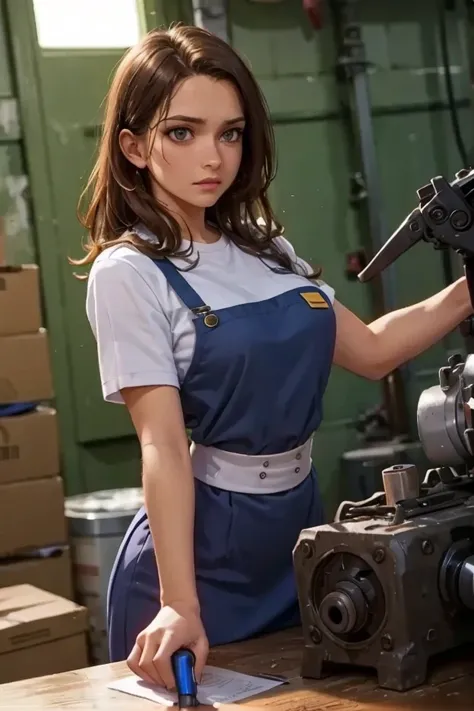 a maid in uniform repairing massive mechs with a wrench and motor oil, detailed facial features, serious expression, mechanical work, oil stains, grease, industrial warehouse setting, technical equipment, machinery, glowing lights, photorealistic, 8K, stud...