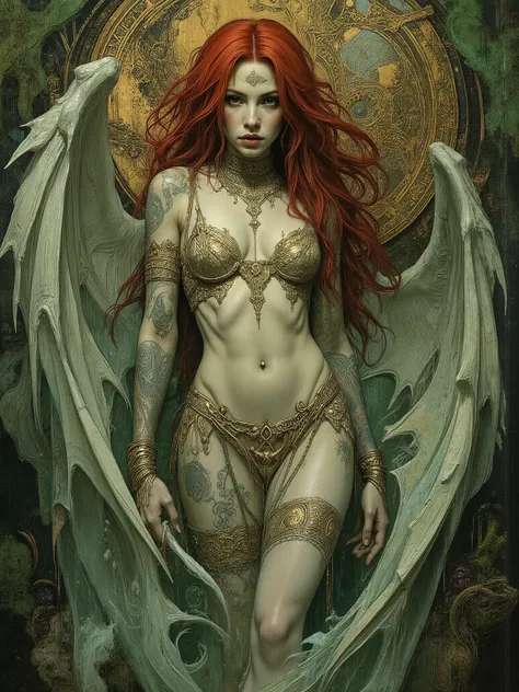 I want to create a tableau dedicated to portraying Lilith, queen of demons, first wife of Adam, first succubus. masterpiece. best quality. Full body shot, Aesthetic pose, wearing an ornate gold bikini made of chainmail, artistic background abstract, infe...