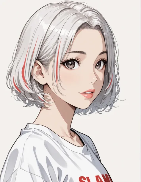 sideview,solo,girl,white frizzy+ spiky+ wavy short hair,parted bangs,white color streaked gray hair,t-shirts,natural cosmetic,adult cute face,full lips,(lineart),sketch,slam dunk style,mono,(looking at viewer:1.3),white background,manga style