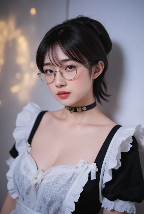 Bewitching,half up hair,glasses,Pink Lips、maid clothes,her chest is exposed,