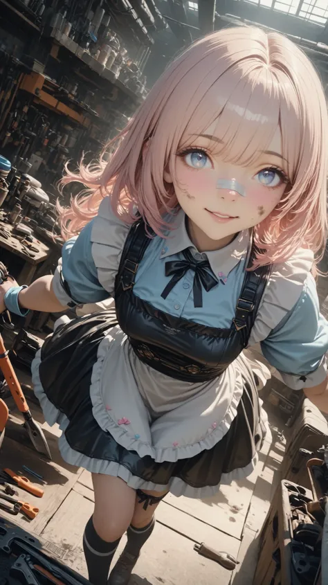 1girl,Master Mechanic,Veteran Mechanic,Messy Maintenance Yard, Long Pink Gold Hair, blue eyes, cute maid dress, Thigh High Socks, ribbon, tools,Dirty Nose, perfection, pastel color, Candy Themed Accessories, Thigh Bandage, Cheerful Look, Inside the mainten...