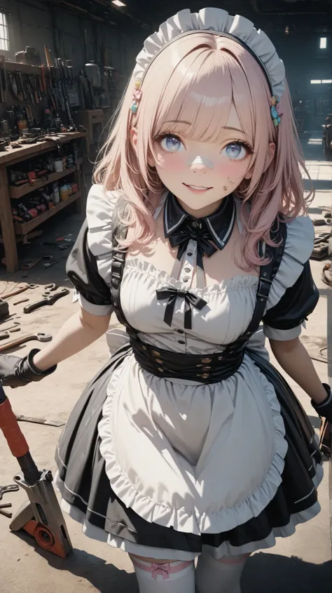 1girl,Master Mechanic,Veteran Mechanic,Messy Maintenance Yard, Long Pink Gold Hair, blue eyes, cute maid dress, Thigh High Socks, ribbon, tools,Dirty Nose, perfection, pastel color, Candy Themed Accessories, Thigh Bandage, Cheerful Look, Inside the mainten...