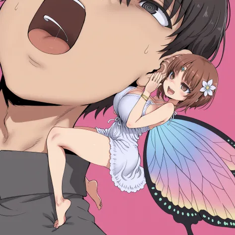 score_9, score_8_up, score_7_up, 1 girl and 1 boy, (top quality, 8k), high resolution, detailed, best quality, abstract pink background. (ringed eyes), open mouth, (evil smile:0.8), fairy girl, girl full body, femdom, source_anime, miniature girl, size dif...