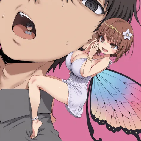 score_9, score_8_up, score_7_up, 1 girl and 1 boy, (top quality, 8k), high resolution, detailed, best quality, abstract pink background. (ringed eyes), open mouth, (evil smile:0.8), fairy girl, girl full body, femdom, source_anime, miniature girl, size dif...