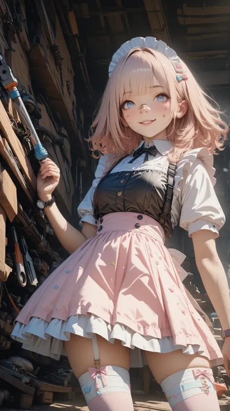 1girl,Master Mechanic,Veteran Mechanic,Messy Maintenance Yard, Long Pink Gold Hair, blue eyes, cute maid dress, Thigh High Socks, ribbon, tools,Dirty Nose, perfection, pastel color, Candy Themed Accessories, Thigh Bandage, Cheerful Look, Inside the mainten...