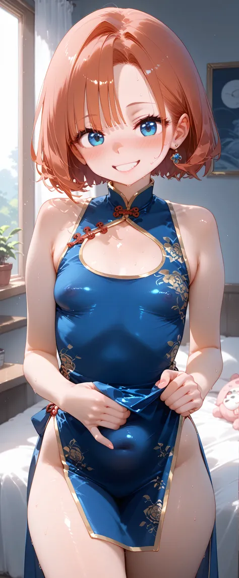 high resolution, ((Adult Women)) , Good Lighting, Despicable, , (I haven't taken off my clothes), (((shiny china dress,))), , Abdominal area only, (),  ,  cute face, I' m I'm so embarrassed that I blush, smile , ((sweaty)), ((see-through))(stuffy)(Prov...