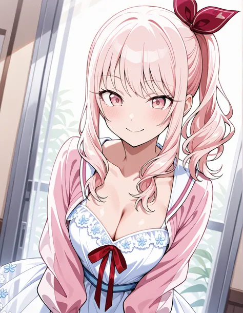 Akiyama Mizuki, pink hair, pink eyes, beautiful girl, ponytail from the front, red ribbon, like, beautiful breasts, Good Companions , big boobs, Pretty dress, ribbon strap , Clear, cropped jacket, white dress, pink collarbone jacket, smile, Disconnect, bi...