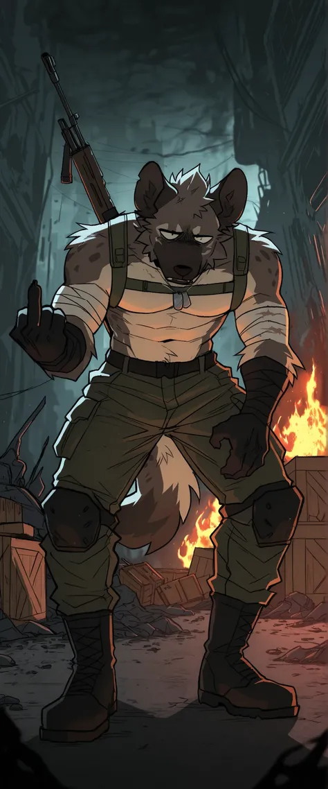 best quality, amazing quality, very aesthetic, absurdres, newest, by maggotnizer, BREAK furry, anthro, 1boy, male focus, solo, hyena, pupils, fur tufts, tail, torn clothes, shirtless, arm bandages, gloves, chest straps, tactical boots, bara, bold, long leg...
