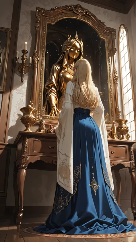 one person in a large place Photorealistic image of a woman standing in, Decay Hall. she says 、wearing a gorgeous gown embroidered with faded gold and sapphire, long flowing sleeves and、wearing a voluminous skirt that accumulates on the floor. she says 大...