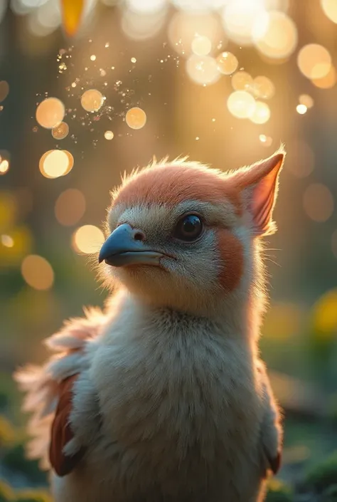 A mesmerizing close up portrait of a beautiful little bird illuminated by the soft golden light of a quiet morning, with vibrant bokeh balls gently framing its delicate shape.