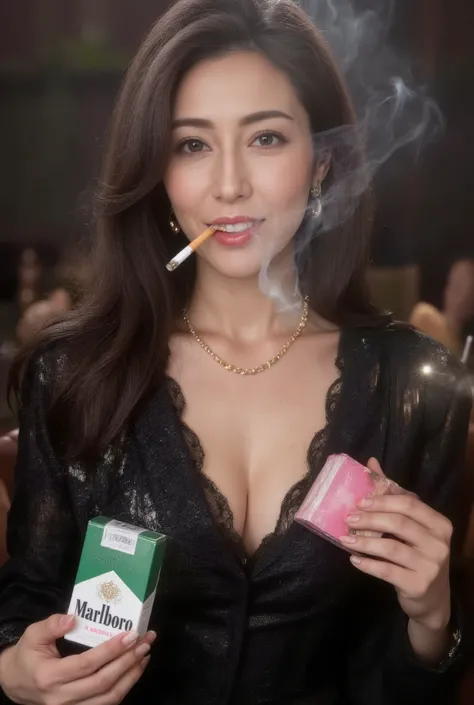 Beautiful 45 year old mature woman (smoking: 0.8), (holding a cigarette in her mouth), ((((hyper-realistic image of a green and white Marlboro Menthol box))), ((holding a Marlboro Menthol box in her hand)), ((holding a Marlboro Menthol box in her breast po...