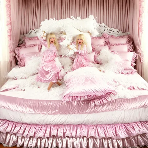 ((big bedの上のかわいい女の子)),((Childhood )),((Little Girl)), ((little girls Pillow Fighting on the bed,Pillow Fight:1.2,)),They Have Ruffled Silk Satin Pillows,((lots of white feathers dancing,detailed realistic feather:1.0)),is short,((white Americans, blue eyes...