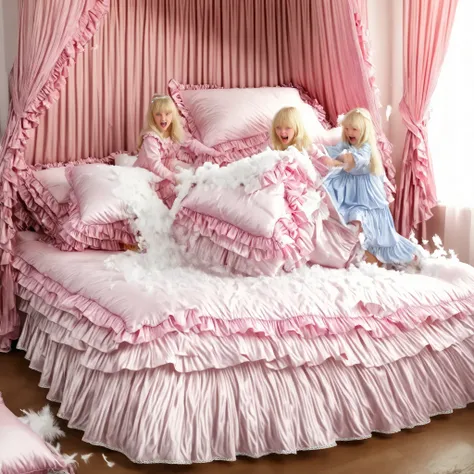 ((big bedの上のかわいい女の子)),((Childhood )),((Little Girl)), ((little girls Pillow Fighting on the bed,Pillow Fight:1.2,)),They Have Ruffled Silk Satin Pillows,((lots of white feathers dancing,detailed realistic feather:1.0)),is short,((white Americans, blue eyes...