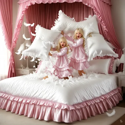 ((big bedの上のかわいい女の子)),((Childhood )),((Little Girl)), ((little girls Pillow Fighting on the bed,Pillow Fight:1.2,)),They Have Ruffled Silk Satin Pillows,((lots of white feathers dancing,detailed realistic feather:1.0)),is short,((white Americans, blue eyes...