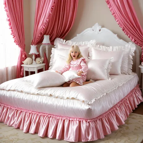 ((big bedの上のかわいい女の子)),((Childhood )),((Little Girl)), ((little girls Pillow Fighting on the bed,Pillow Fight:1.2,)),They Have Ruffled Silk Satin Pillows,((lots of white feathers dancing,detailed realistic feather:1.0)),is short,((white Americans, blue eyes...