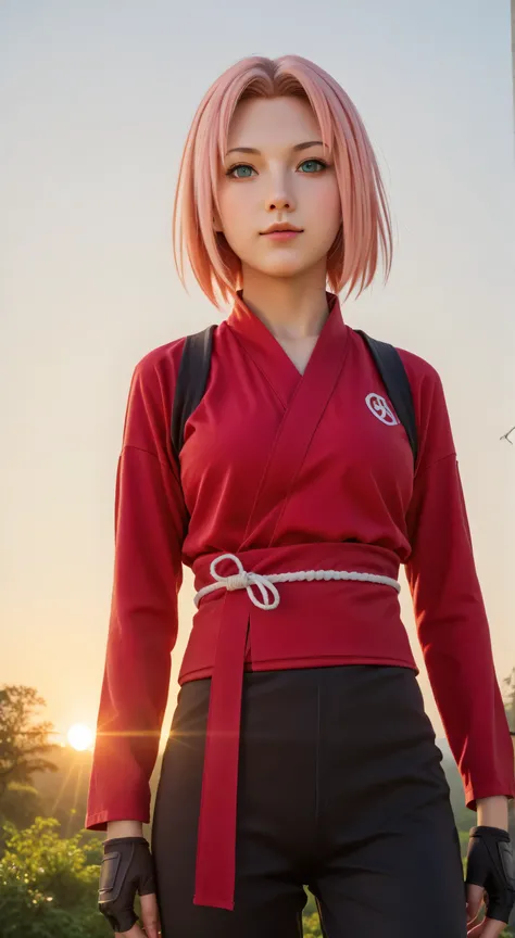 1girl, solo,haruno sakura,emerald eyes,pink hair,short hair,outdoors,potrait,small breast,nature, standing on junk yard,sidelocks,(sunset lighting:1.5),red sunset,looking at viewer, front view,close up,black glove,(junk yard background background:1.5),(nin...