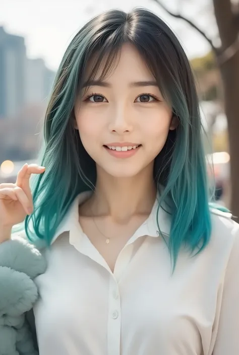 A beautiful Korean woman with vibrant blue-green ombre hair, soft natural makeup, porcelain skin with subtle glow, delicate facial features, gentle smile, wearing casual elegant outfit, standing in soft natural daylight, bokeh background of Seoul cityscape...