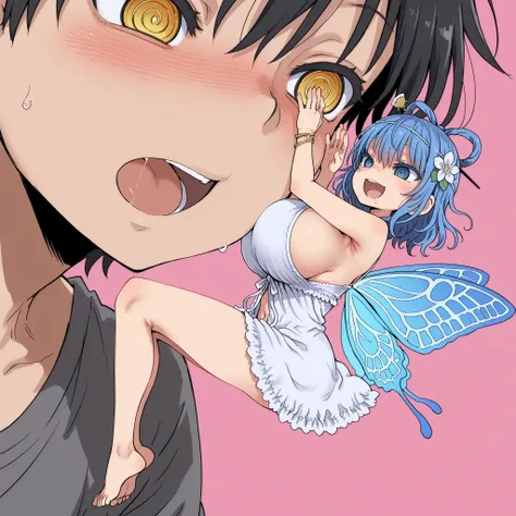 score_9, score_8_up, score_7_up, 1 girl, (top quality, 8k), high resolution, detailed, best quality, abstract pink background. (ringed eyes), open mouth, (evil smile:0.8), fairy girl, girl full body, femdom, source_anime, (miniature girl:1.2), minigirl, (s...