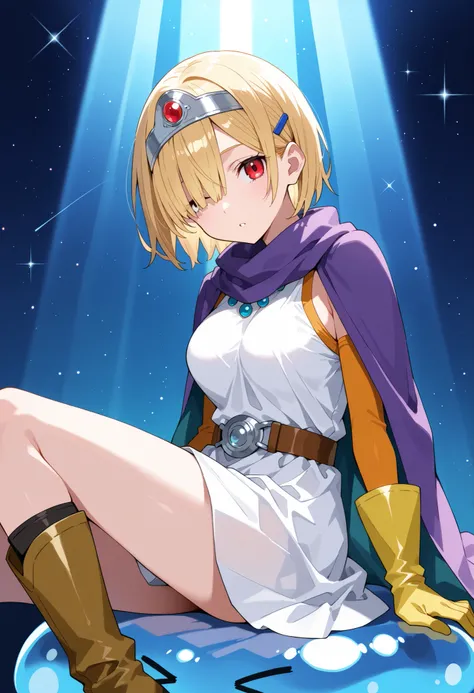 masterpiece、 swollen eyes、Highest Quality, ultra high definition, (reality: 1.4), Cinema Light、Japanese、20 years old、masterpiece, Highest Quality, super detailed, _(dq3),blond short hair that transfers their whole bodies,(hair clip),(((Hair on one eye))),...