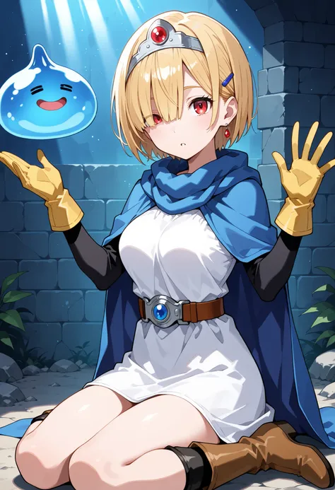 masterpiece、 swollen eyes、Highest Quality, ultra high definition, (reality: 1.4), Cinema Light、Japanese、20 years old、masterpiece, Highest Quality, super detailed, _(dq3),blond short hair that transfers their whole bodies,(hair clip),(((Hair on one eye))),...