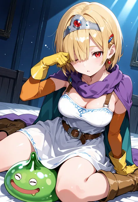 masterpiece、 swollen eyes、Highest Quality, ultra high definition, (reality: 1.4), Cinema Light、Japanese、20 years old、masterpiece, Highest Quality, super detailed, _(dq3),blond short hair that transfers their whole bodies,(hair clip),(((Hair on one eye))),...