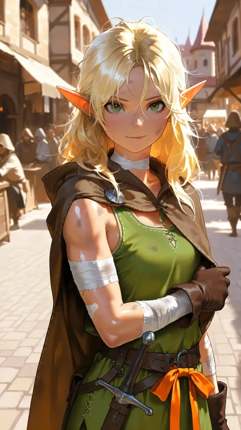 masterpiece, best quality, 1girl, elf girl, rogue, petite frame, athletic build, large orange ribbon worn loosely on neck, bandage on arm, uneven blonde hair, messy hair, piercing green eyes, dirty skin, photorealistic, detailed face, black thongs, tattere...