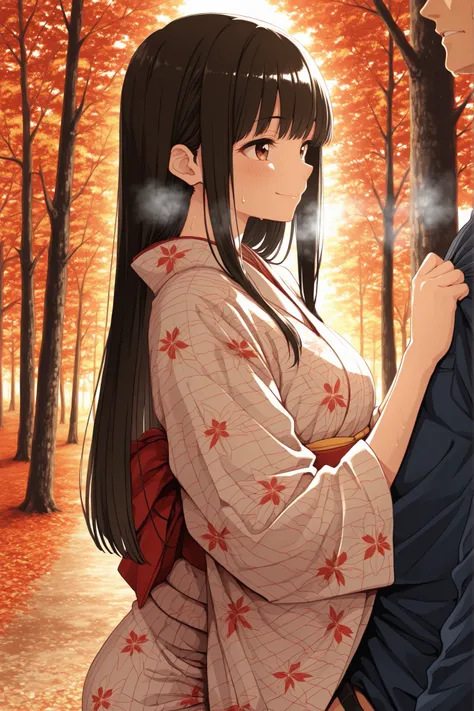 Woman in Japanese Kimono,和服, kimono,黒髪ロング,straight hair,early 40s woman,early 30s man ,神社の境内 ,秋の紅葉, ultra-aesthetic, anime style, smile,{best quality}, {very aesthetic}, {ultra-detailed}, {best illustration},秋,{{紅葉}}, girl, being invited, quiet countryside...