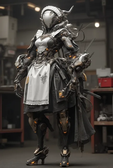 JA,((masterpiece)),((best quality)),((high detail)),((realistic)),
full-body view of a futuristic maid robot, dressed in a hybrid outfit combining a classic maid uniform with mechanical armor and tools, elegant yet functional design, mechanical arms with w...