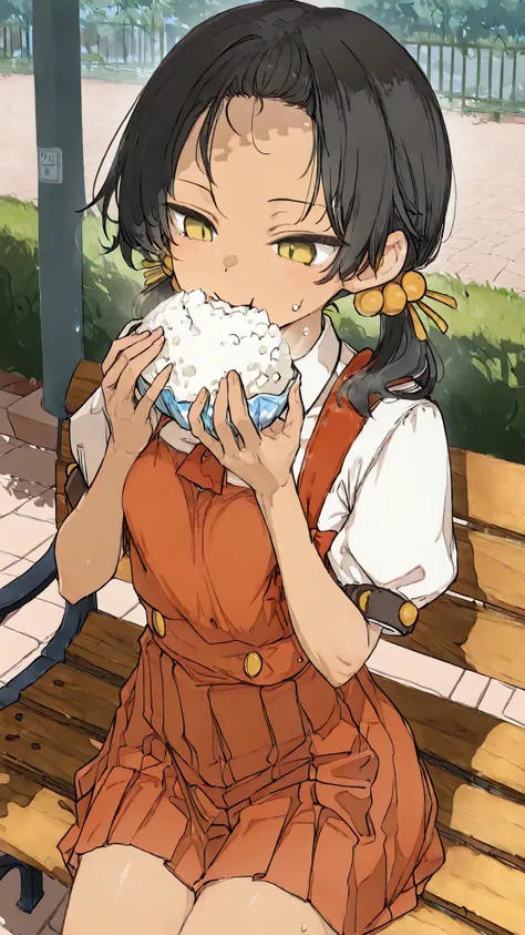 ,(kaaiyuki-default,kaai yuki,yellow eyes,black hair,short low twintails,) 、Beautiful Breasts(Just the right average size)、Elementary School Looks Like。soft touch、Slender facial contours、beautiful body balance of about 7 lives。Eating rice balls on a bench o...