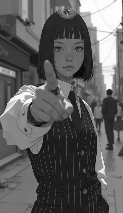 An individual is captured in a black and white photograph, exuding a classic and timeless feel. The person is positioned in a medium close-up view, wearing a formal outfit consisting of a pinstriped vest over a white dress shirt, along with a tie that adds...