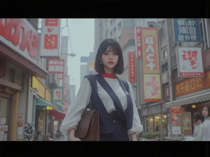  A reimagining of Yasujiro Ozu's 1960s film aesthetic ， Low-angle static shot ， Clear 2-dimensional space at the top and bottom of the frame .35:1 proportional black frame with， Close-up of a Japanese professional woman from the 1960s ，Young OL（office woma...