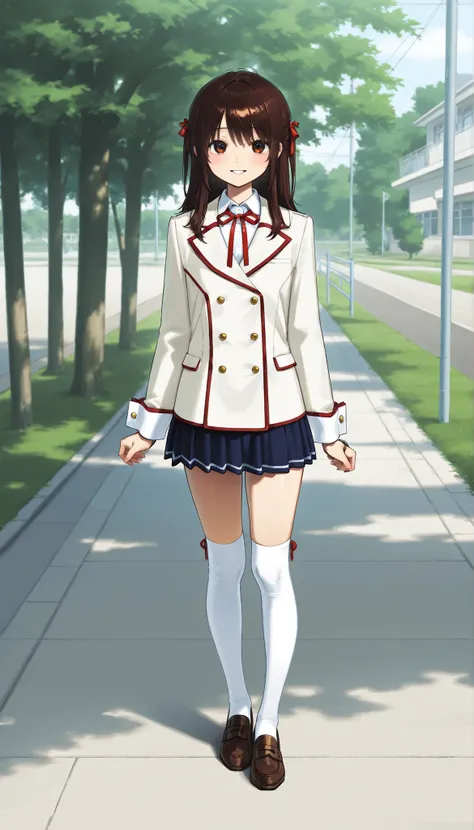 Daily life of a female high school student,Scenery of leaving school,white shirt blouse,Large red ribbon tie,white double breasted jacket,big cuffs,mini skirt,White Knee High Socks,Brown Loafers,Gentle smile,watch viewers