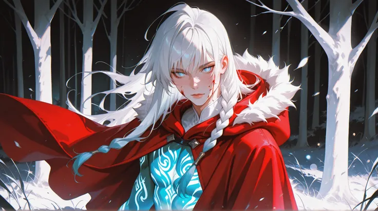 neobold2, painterly_style, moody_atmosphere,  Solo, 1boy, adult male, choppy bangs, long hair, braided hair, white hair, asymmetrical_hair, voluminous hair, vibrant color, flat color, disheveled, red hooded cape, fur trim, white glow body mark, blood, long...