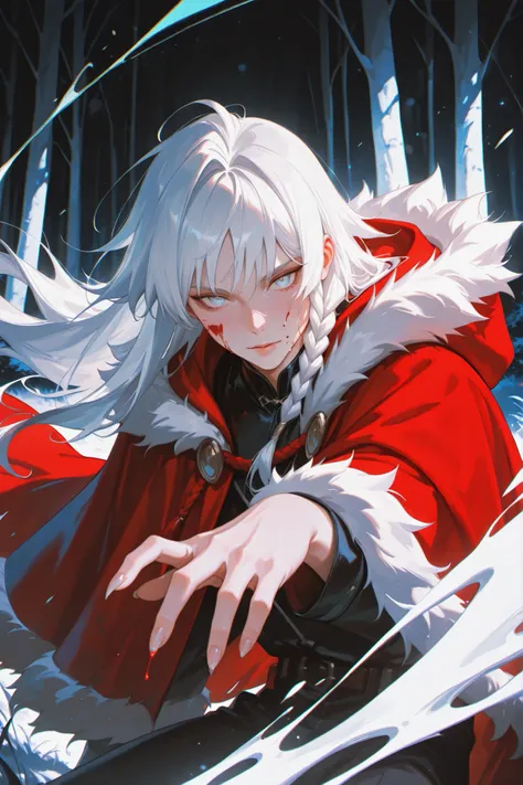 neobold2, painterly_style, moody_atmosphere,  Solo, 1boy, adult male, choppy bangs, long hair, braided hair, white hair, asymmetrical_hair, voluminous hair, vibrant color, flat color, disheveled, red hooded cape, fur trim, white glow body mark, blood, long...