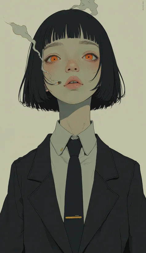 short hair, ダークヘアとモチーフです体の表情teeth前方を向いています, 左目teeth前髪で覆い隠され、right, bright green , teeth、with a casual indifferent vibe. a thin cigarette hangs from the lips, the smoke is curling upwards. I'm wearing a formal black suit, wildly worn, teeth白いシャツの首元で黒いネクタイを緩...